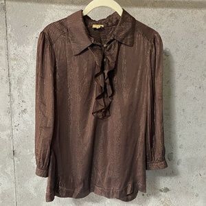 Ella Moss Silk Collared Brown Gold Stripe Ruffled Blouse Made in USA Medium